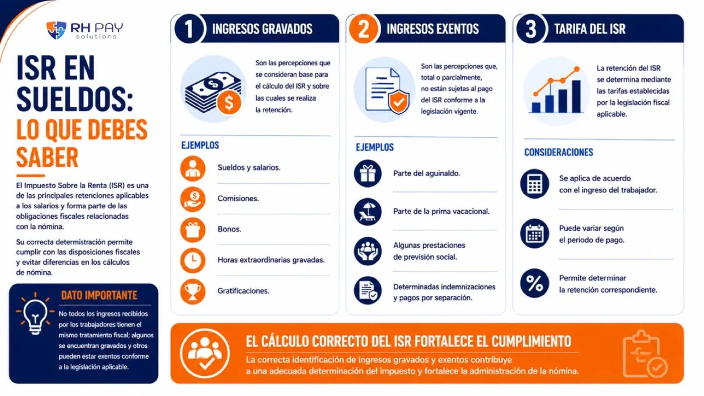 Infografía ISR en sueldos: lo que debes saber, con ejemplos de ingresos gravados, ingresos exentos y consideraciones de la tarifa del ISR