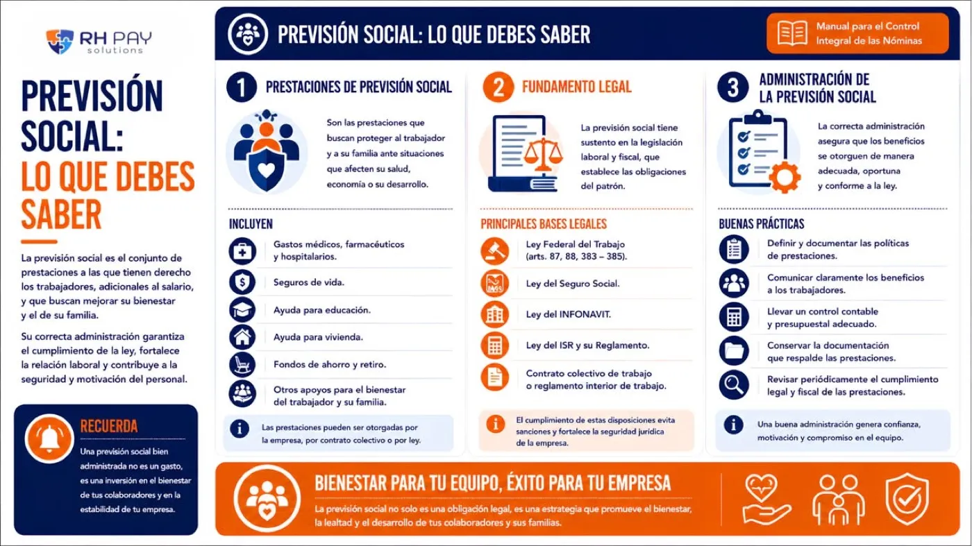 Infografía Previsión social: lo que debes saber, con las prestaciones que incluye, sus principales bases legales y buenas prácticas de administración