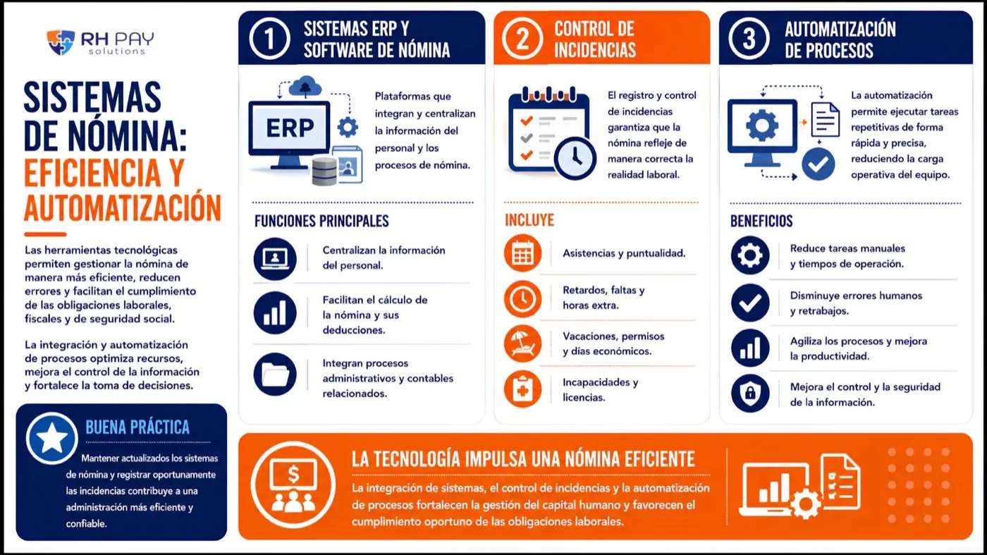 Infografía Sistemas de nómina: eficiencia y automatización, con las funciones de los sistemas ERP y software de nómina, el control de incidencias y los beneficios de la automatización de procesos